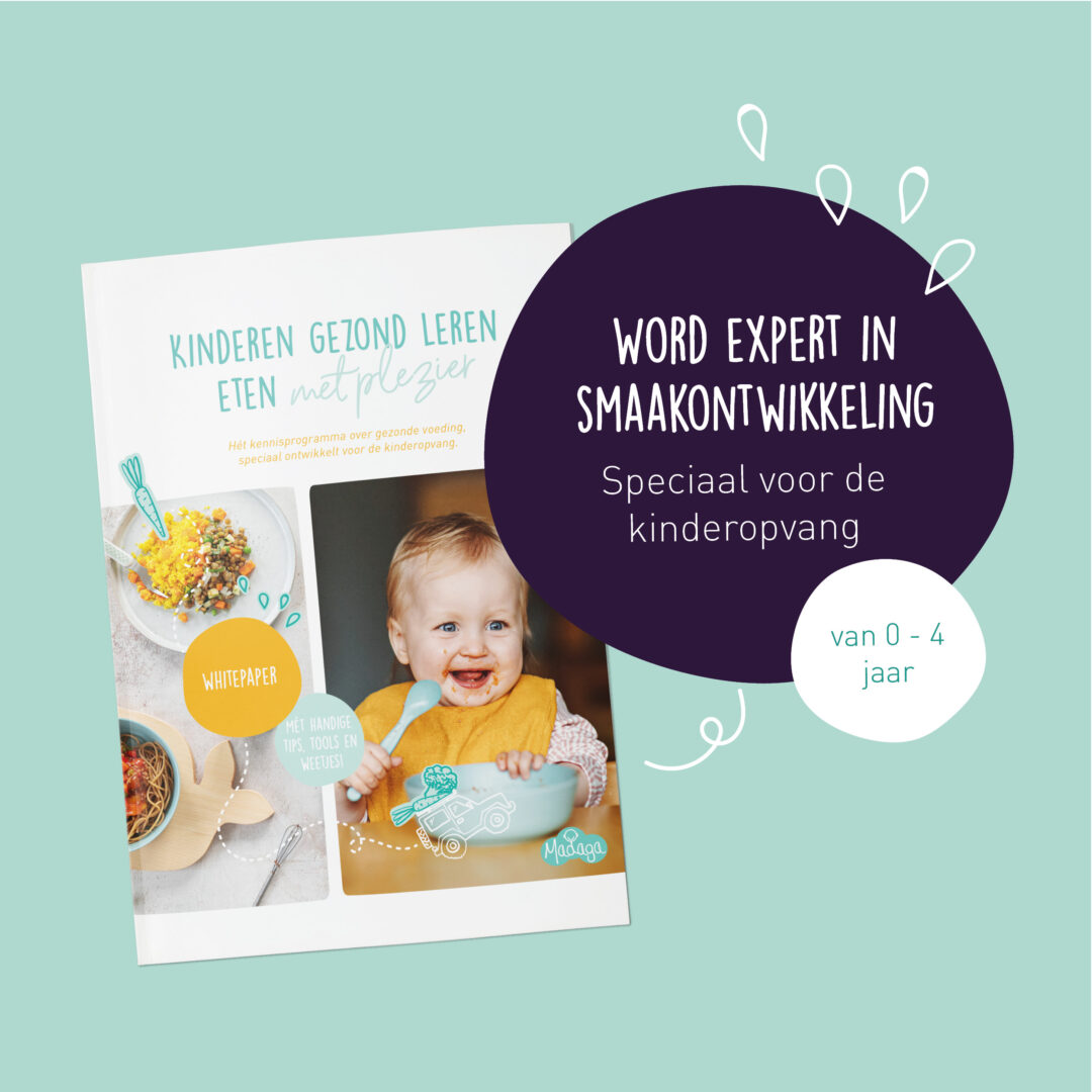 Promotionele afbeelding met een folder over 'Kinderen gezond leren eten met plezier' en een tekstballon met 'Word expert in smaakontwikkeling, speciaal voor de kinderopvang van 0 - 4 jaar'. Een vrolijke baby die eet wordt getoond op de folder